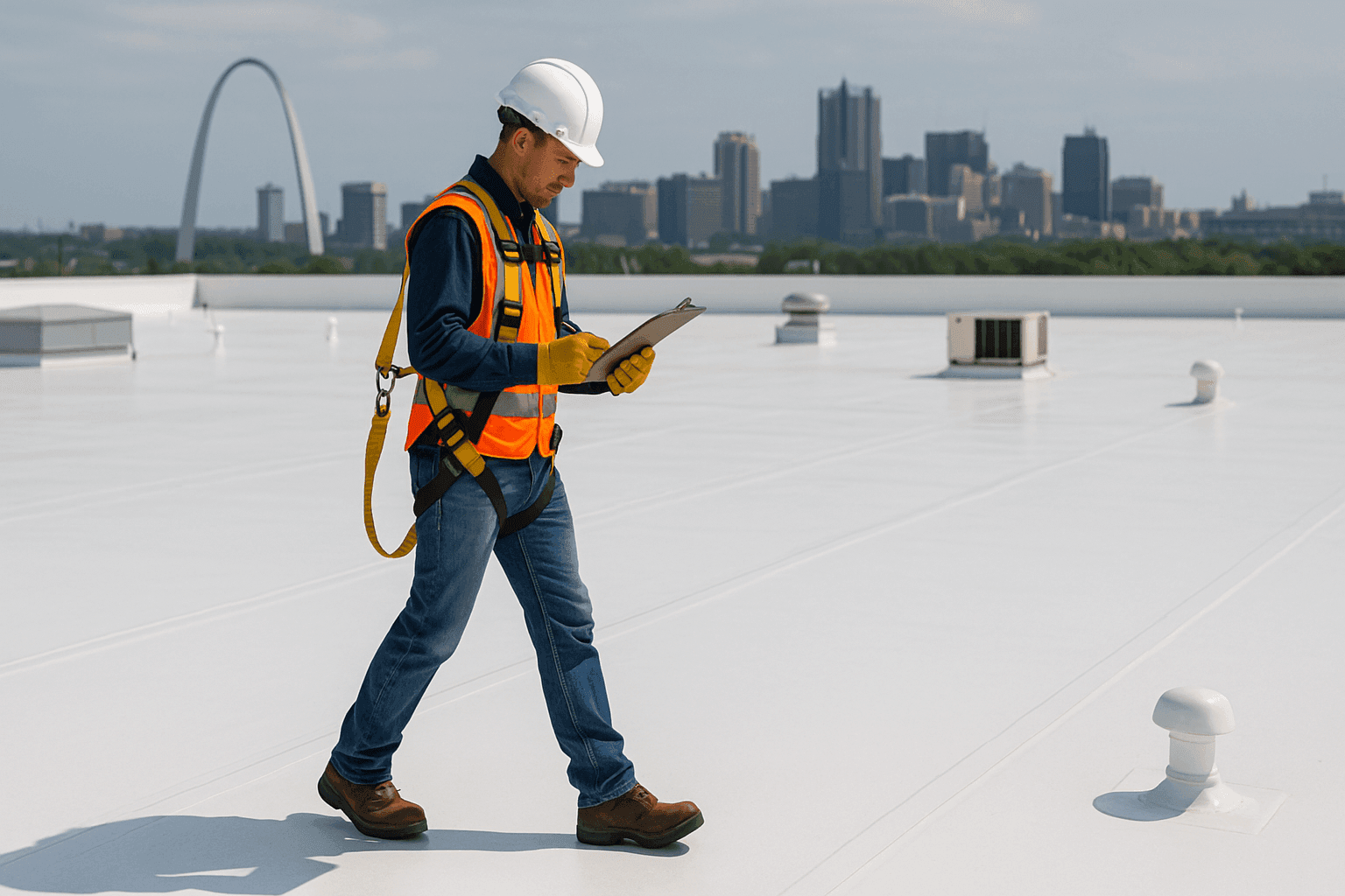 Technician inspecting large flat TPO roof on commercial building