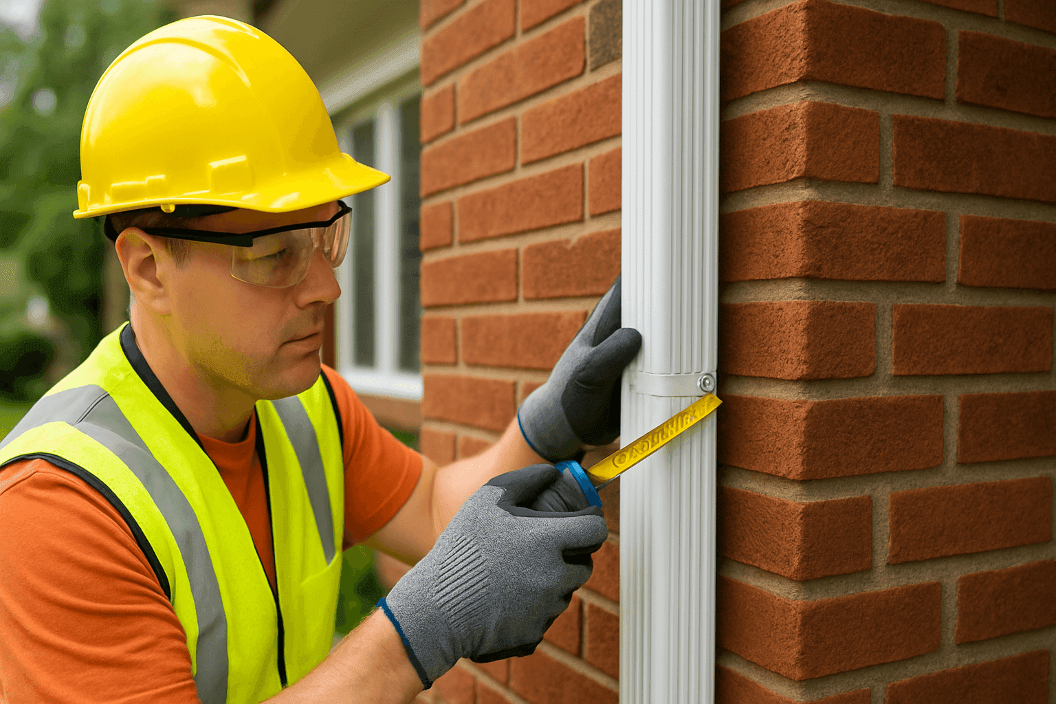 Técnico midiendo e instalando un nuevo bajante en una casa
