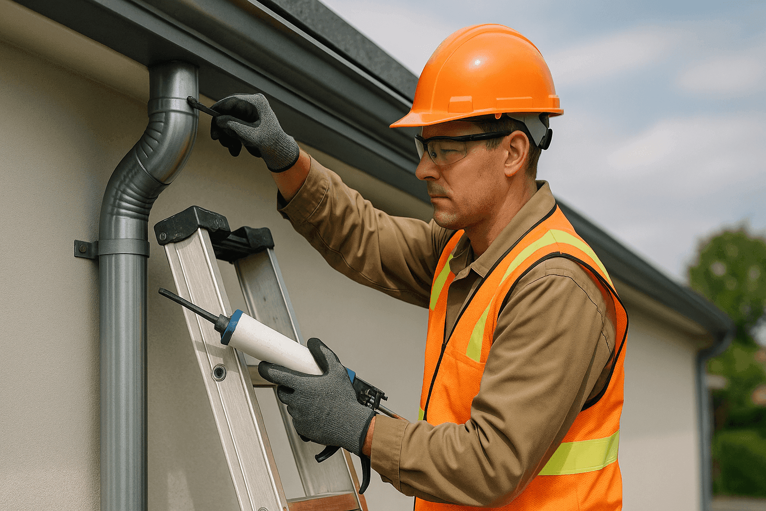 Technician clearing clog and resealing leak in downspout