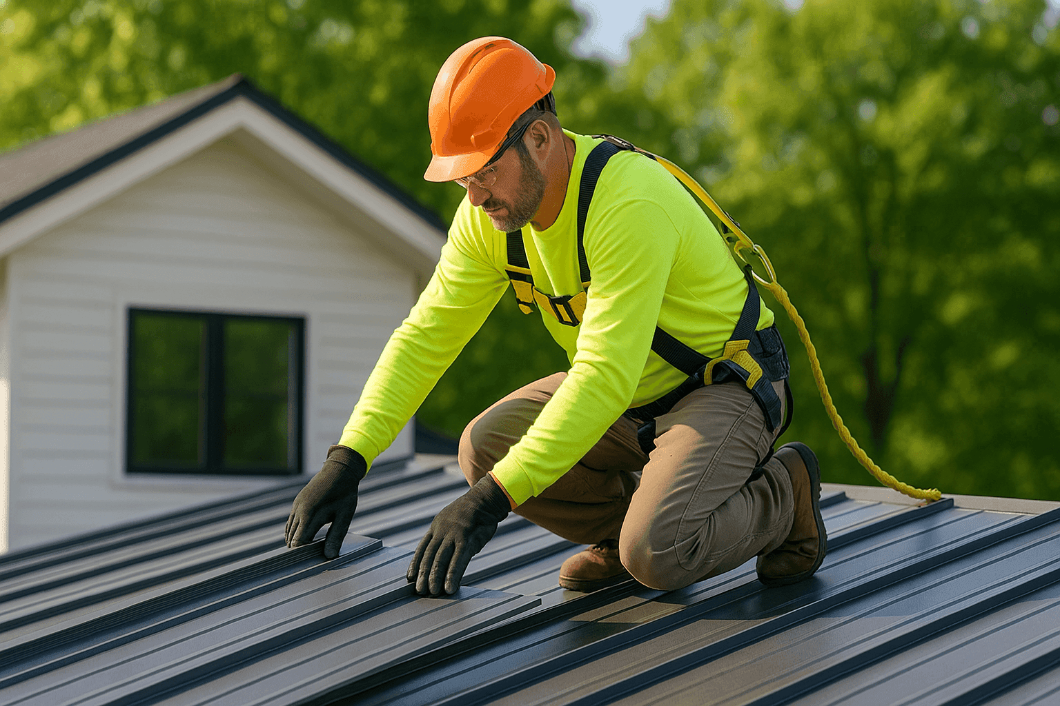 Installer fitting energy-efficient metal roofing panels on modern home