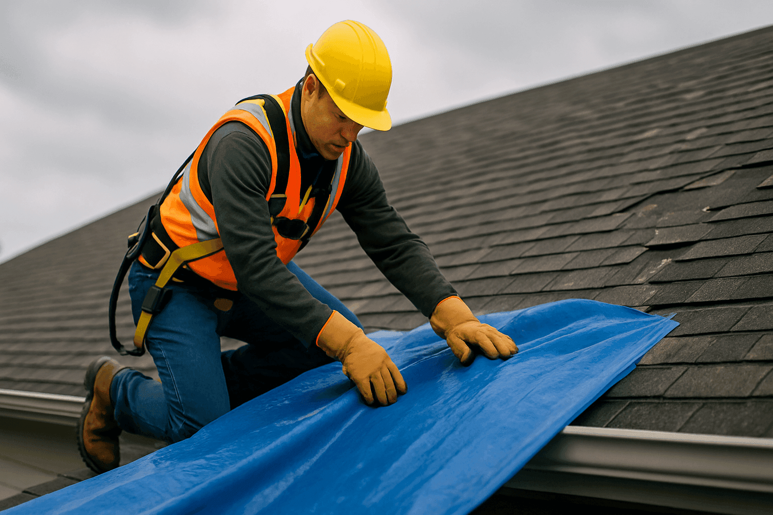 Roofing technician placing emergency tarp on storm-damaged residential roof
