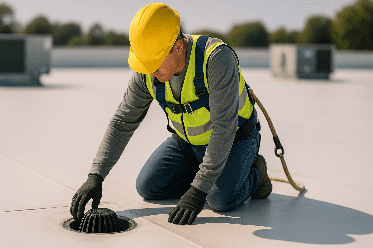 Technician performing seasonal flat roof inspection and clearing drains