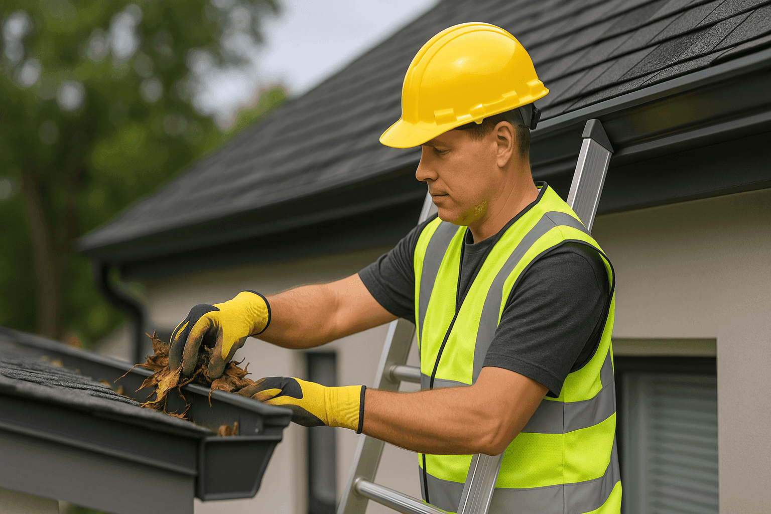 Roofer clearing leaves and debris from residential gutters with gloved hands