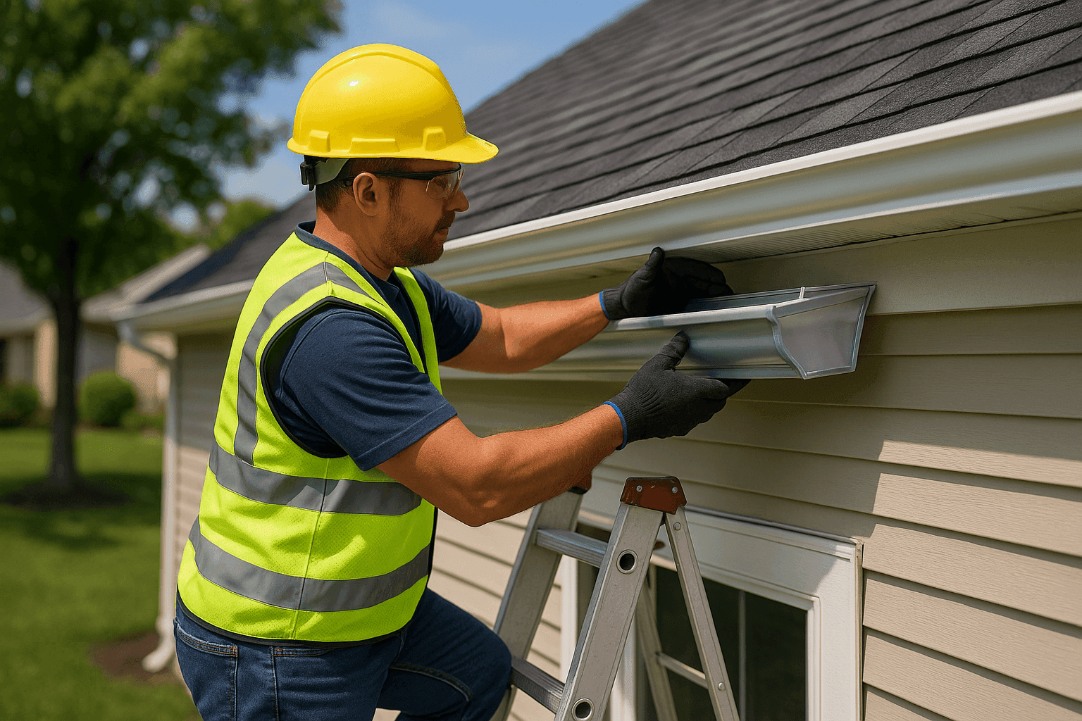 Installer fitting seamless aluminum gutters to a residential roof edge