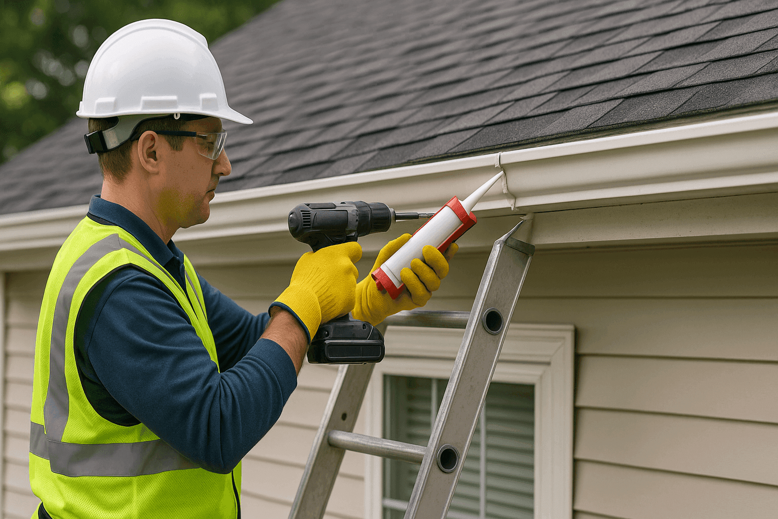 Technician resecuring and resealing sagging gutter on house fascia