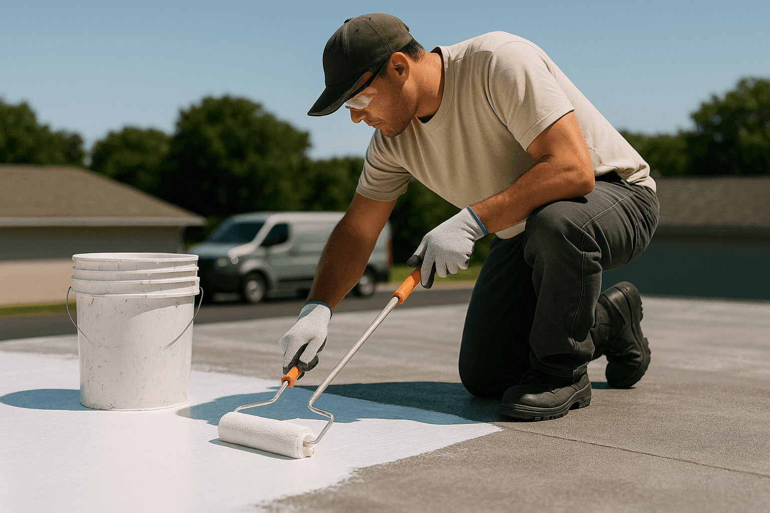Roofing professional applying protective roof coating with roller on flat roof