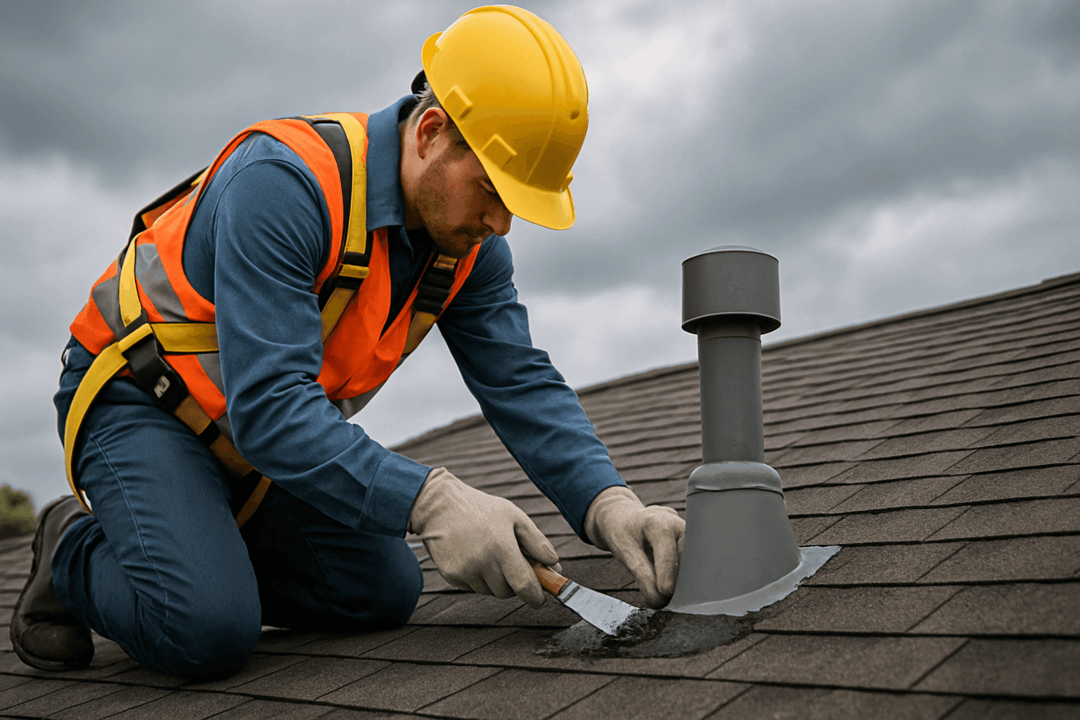 Technician applying roof patch to stop active roof leak near vent