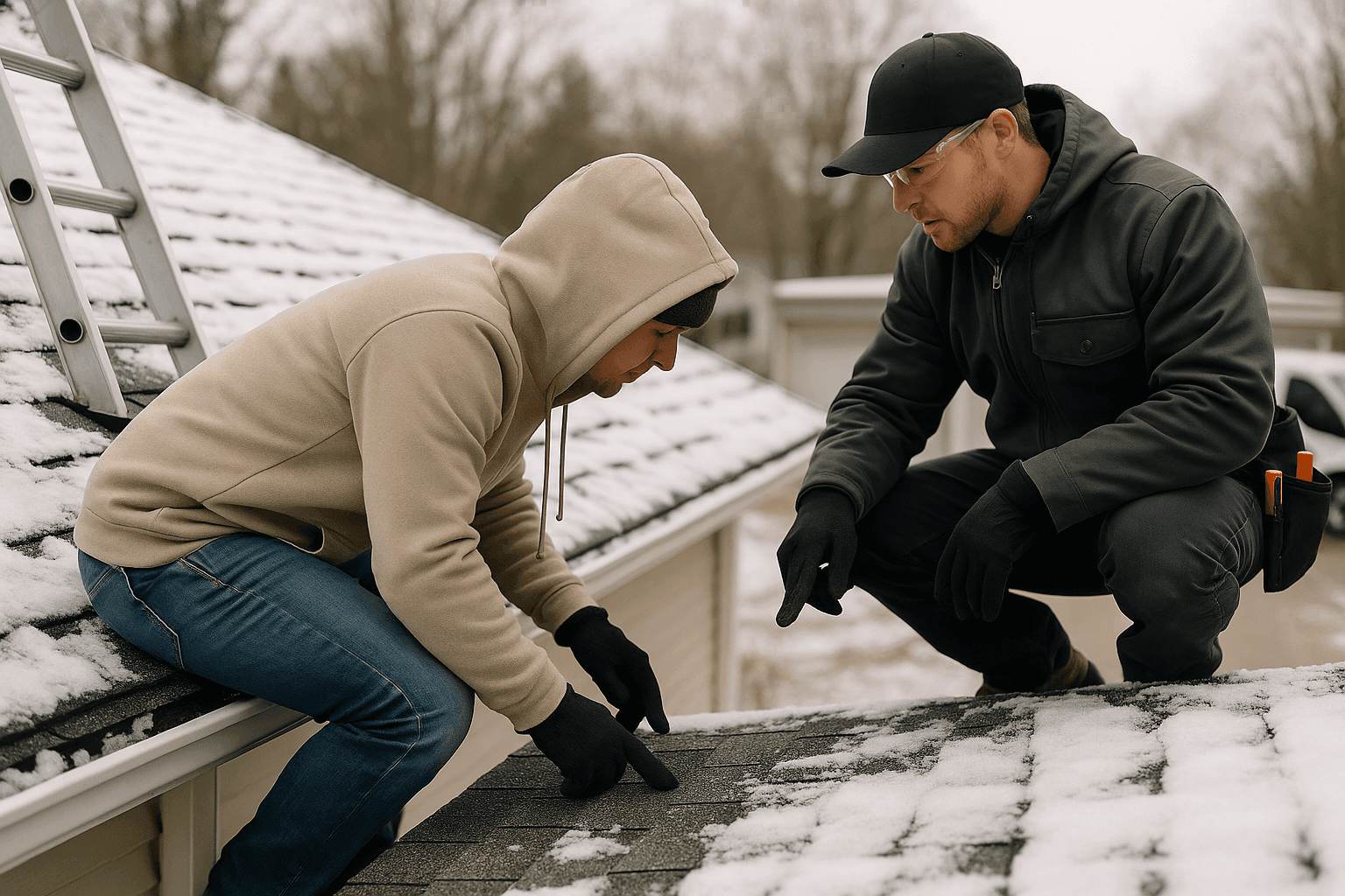 Homeowner and roofer inspecting snow-covered roof for winter storm preparation