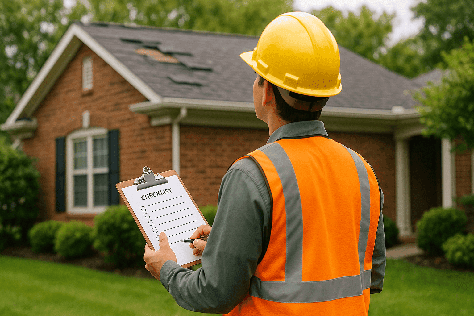 Homeowner inspecting roof shingles for storm damage with checklist