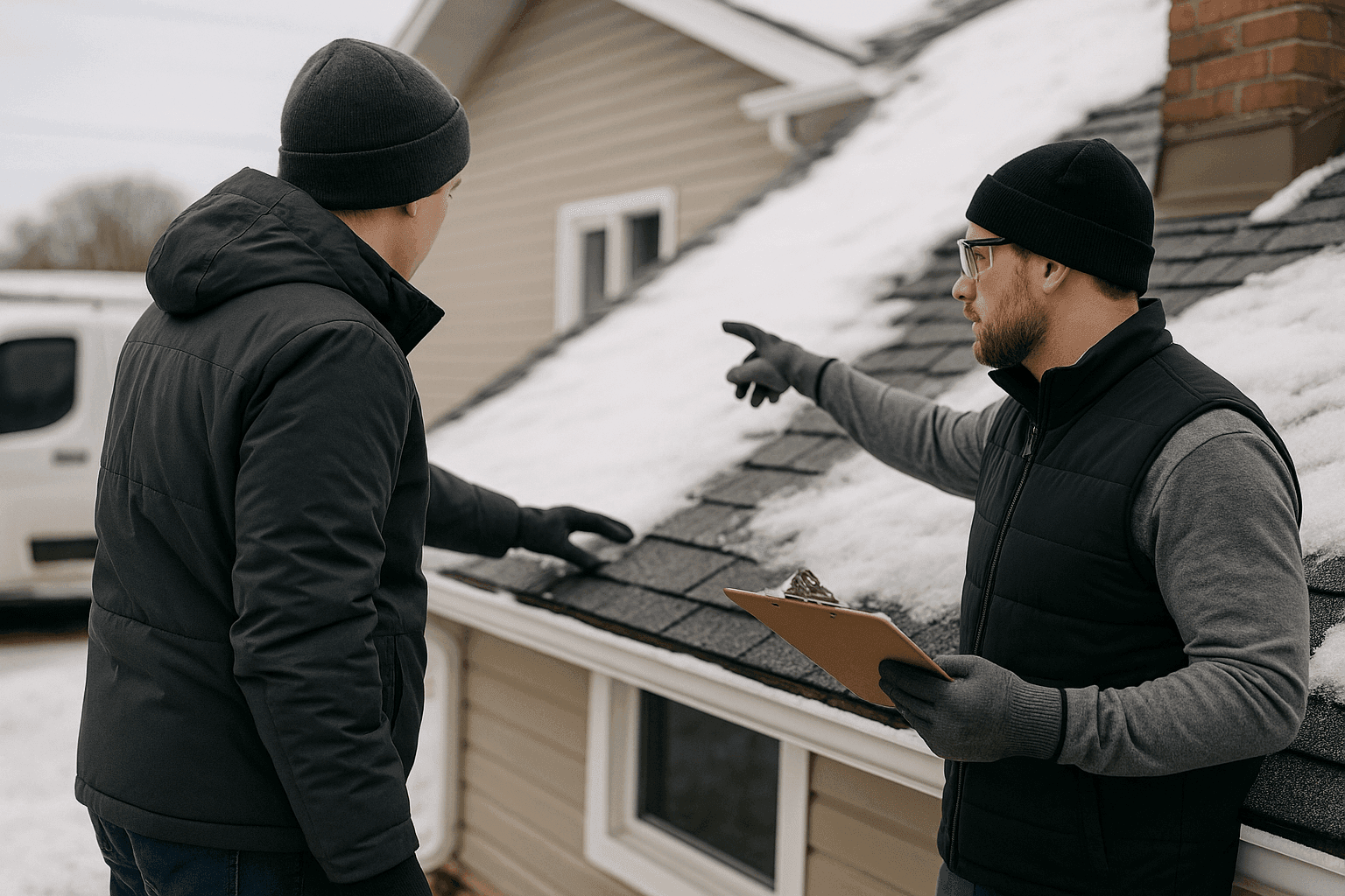 Homeowner and roofing expert inspecting snow-covered roof before winter
