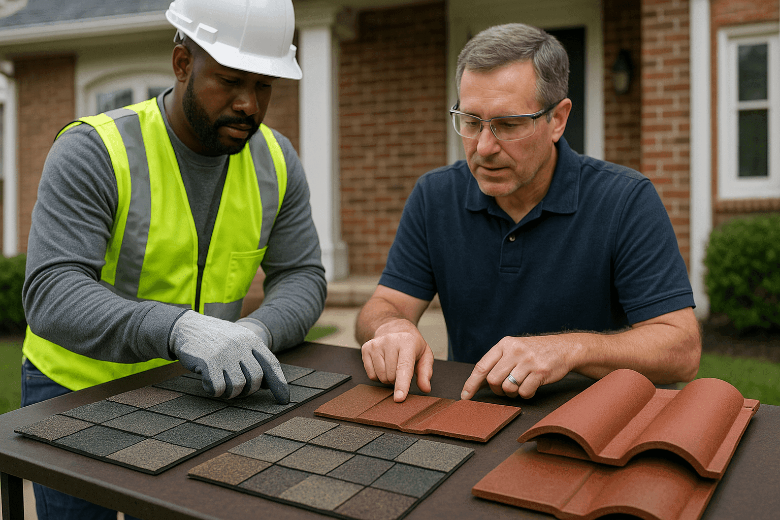 Homeowner reviewing roofing material samples with contractor