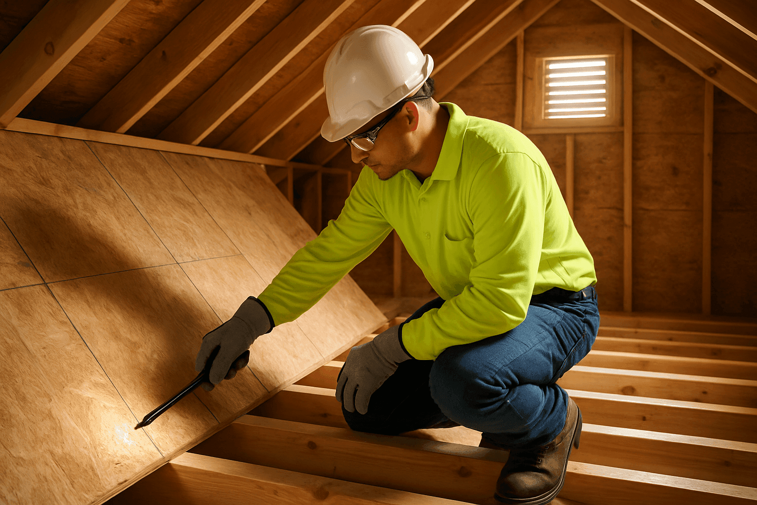 Technician inspecting plywood roof decking for rot and damage