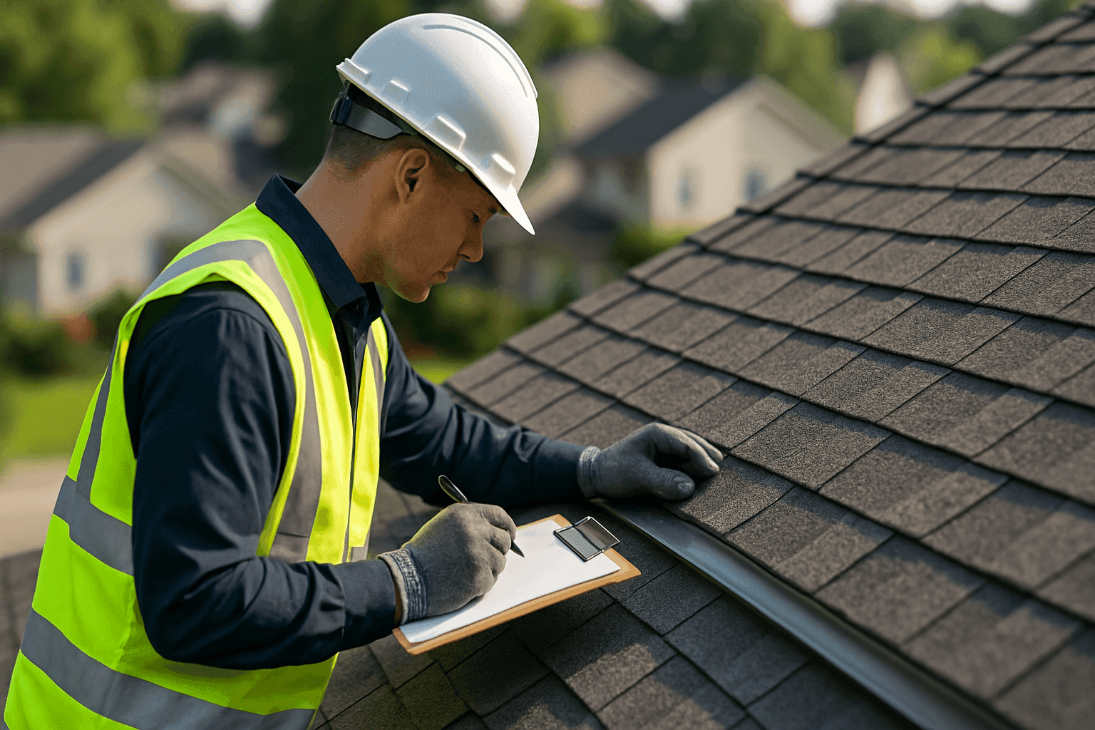 Roof inspector examining shingles and flashing with checklist in hand