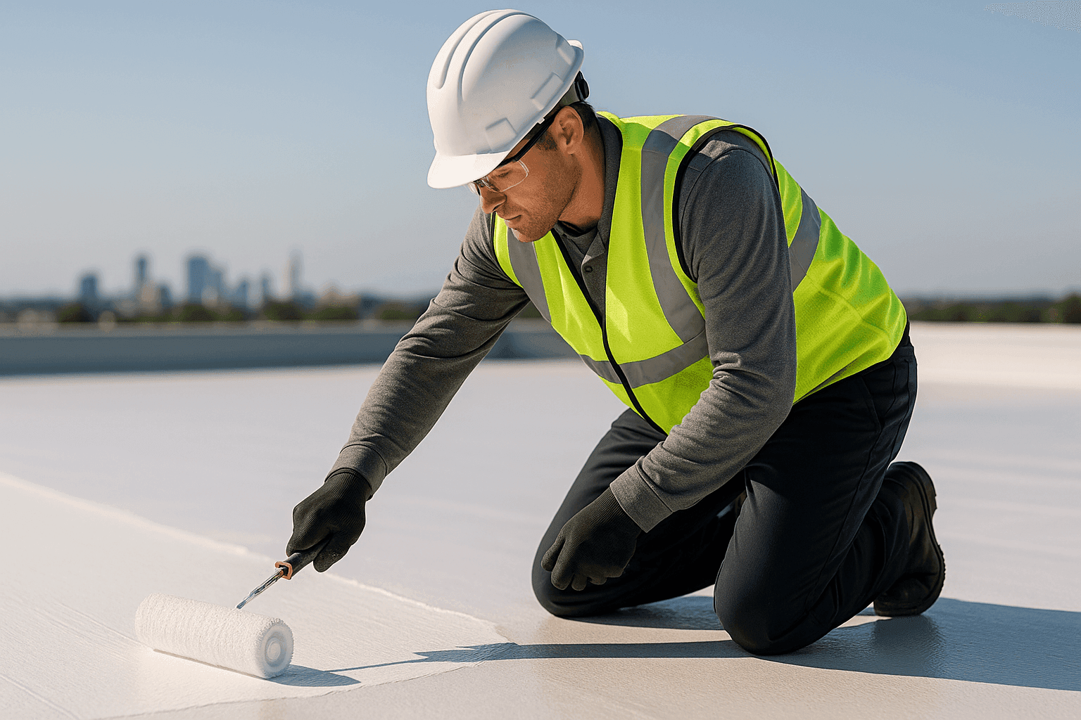 Roofer applying white reflective coating to flat commercial roof