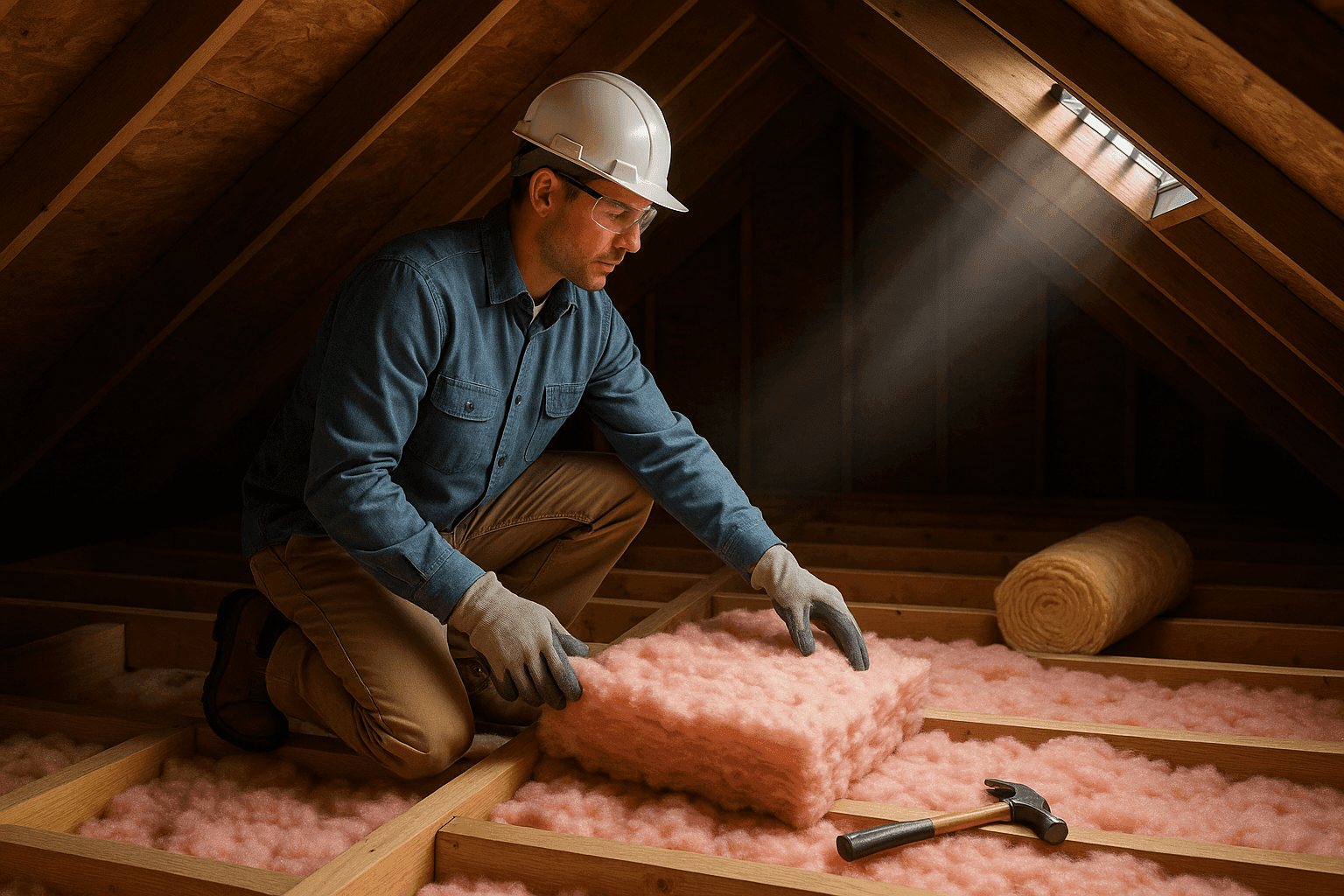 Technician checking attic insulation and installing roof vent