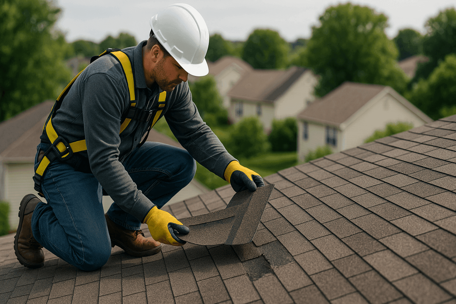 Roofer examining missing and damaged asphalt shingles on roof