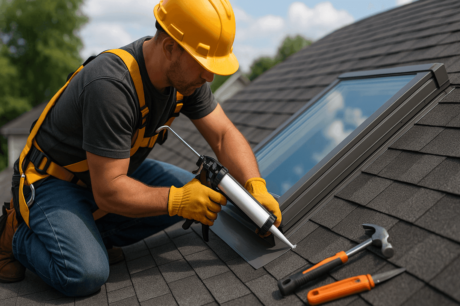 Technician resealing skylight frame on residential roof