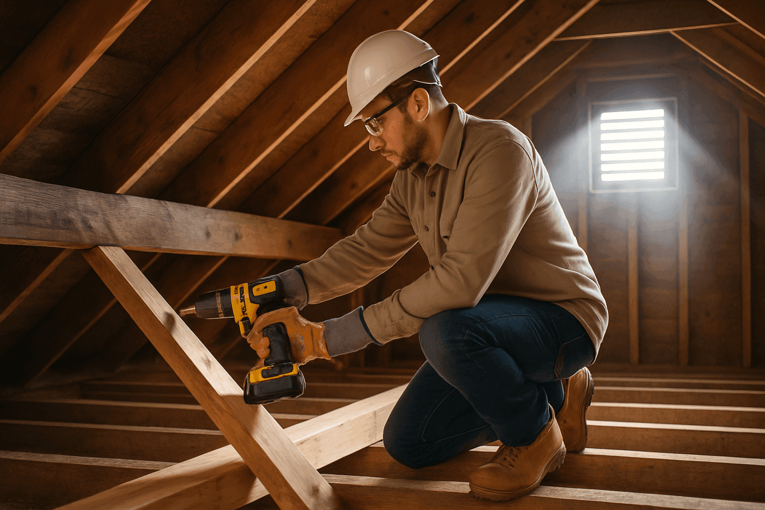 Technician reinforcing a sagging roof structure inside attic