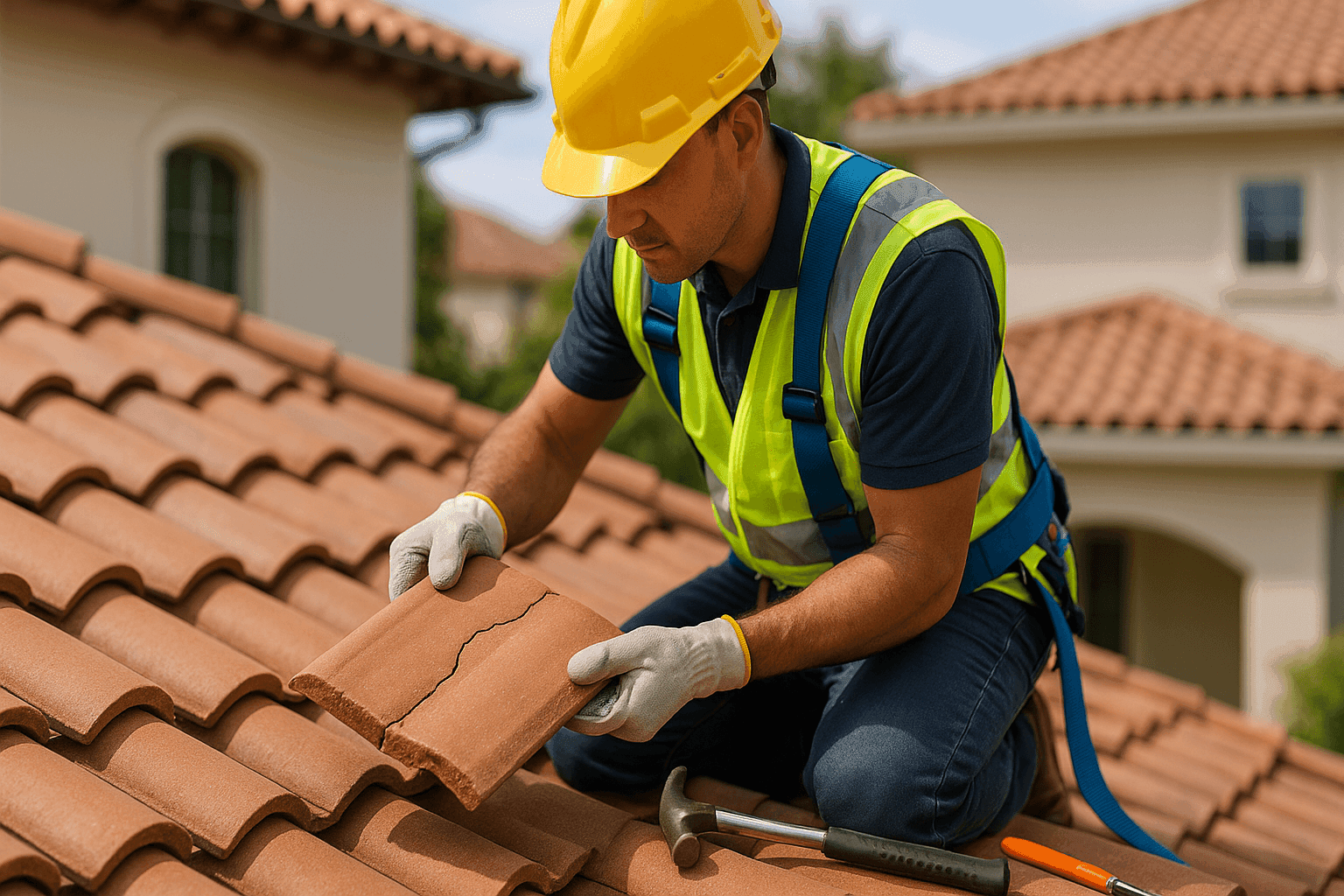Roofer inspecting and replacing broken clay tiles on a roof