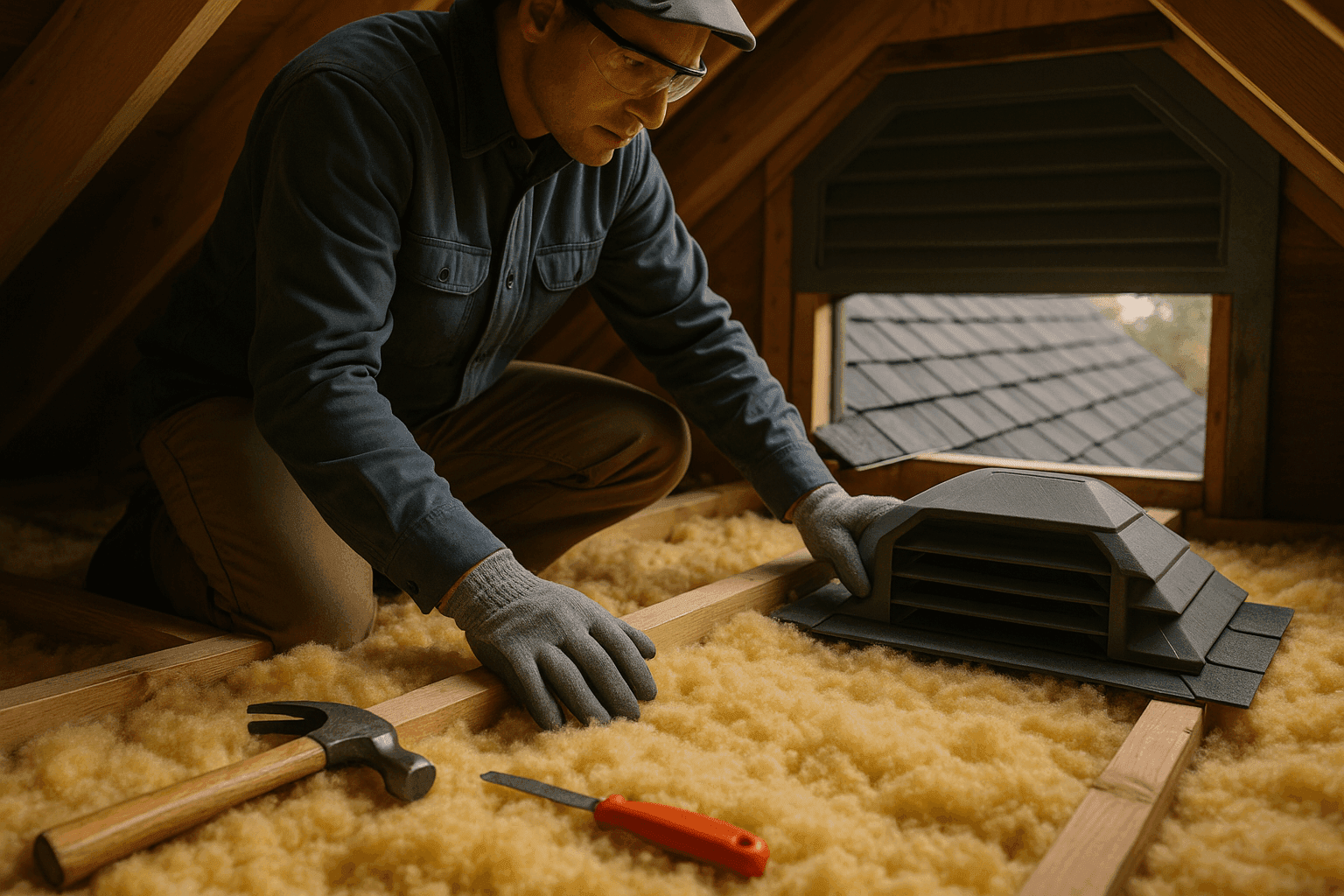 Roof attic insulation and ventilation vents improving energy efficiency